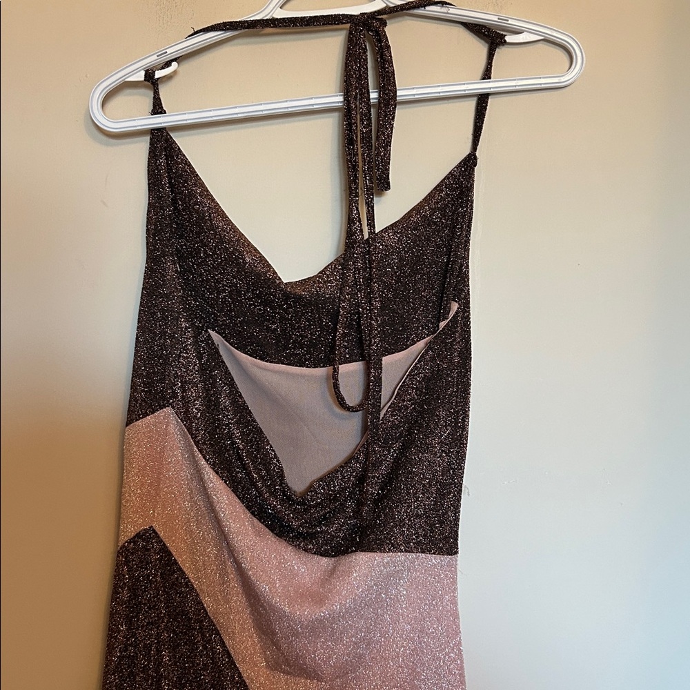 Naked Wardrobe pink/brown stretchy mini dress silver/gold sparkle size 1 new/tag - Picture 4 of 9